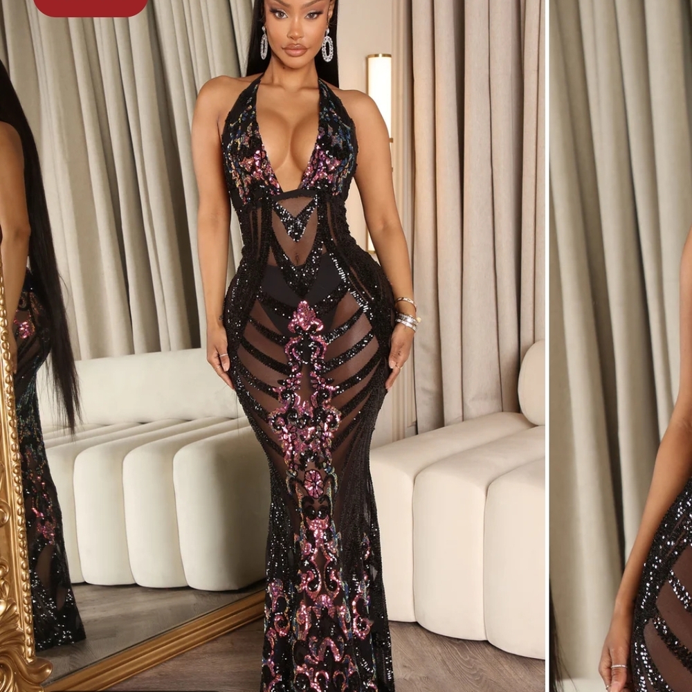 Multicolored bodycon maxi dress with plunging halter neckline for cocktail